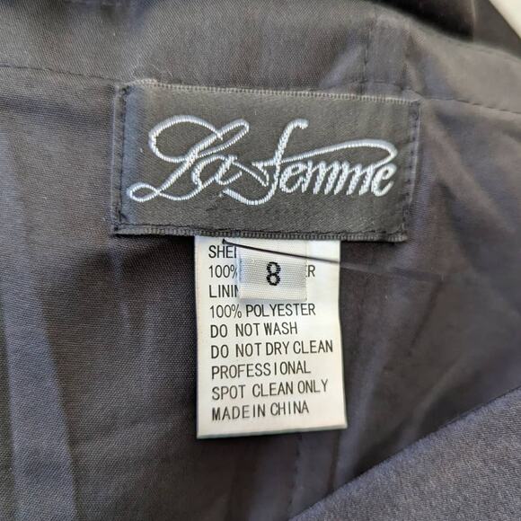 La Femme Surplice Off The Shoulder Column Gown Dress Black Satin Size 8 Preowned - Picture 7 of 8